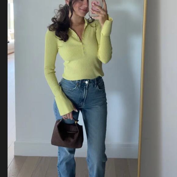 A.L.C. Lemon Yellow Ribbed Polo Sweater XS Bodycon Flared Sleeve Designer $325 - Picture 4 of 13